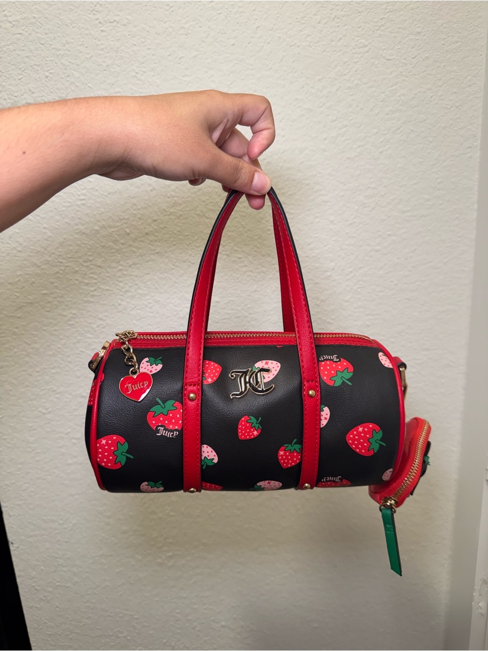Juicy Couture Black & Red Strawberry Barrel Satchel